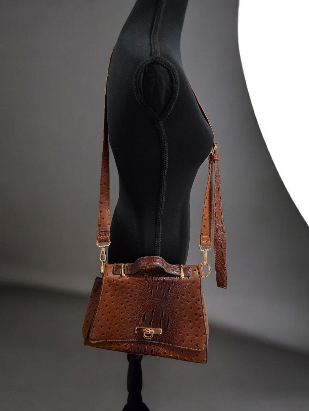Brown Ostrich-Texture Faux Leather Crossbody Bag